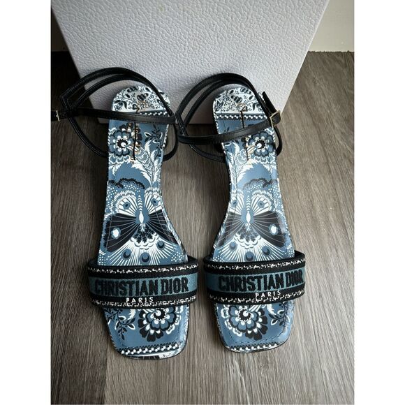 Dior Bandana Embroidered Deep Blue Dway Heeled Sandal Strap Low Heel Pumps EU38/ - Picture 4 of 14